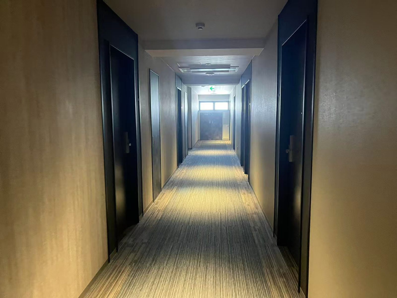 A quiet hotel corridor with dark doors on both sides and a lit end.