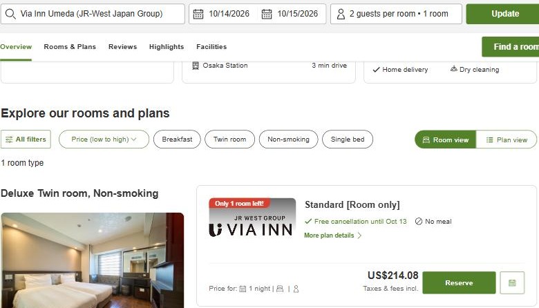 Rakuten Travel US English plan list for Via Inn Umeda, check-in 10/14/2026, check-out 10/15/2026, 2 guests, with a line reading Free cancellation until Oct 13 under a Standard room only plan
