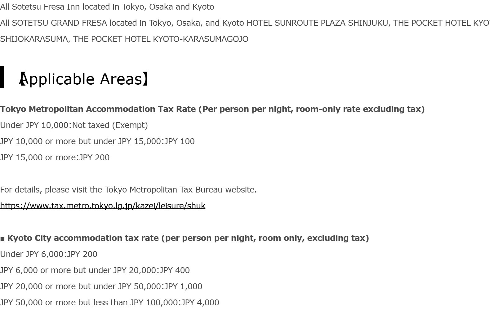 The English version of the Sotetsu Hotels notice. Under the heading Applicable Areas it lists the Tokyo accommodation tax per person per night on the room-only rate excluding tax: under 10,000 yen not taxed, 10,000 to 15,000 yen is 100 yen, 15,000 yen or more is 200 yen. Below it the Kyoto City rate runs in bands.