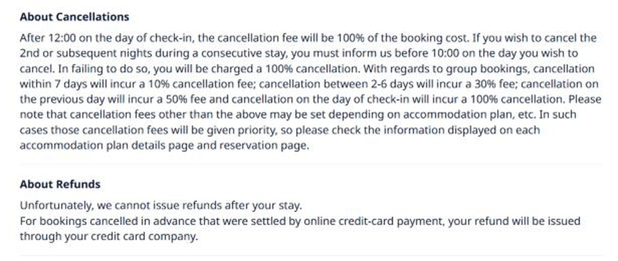 Toyoko Inn's English page, About Cancellations section, showing the 12:00 check-in day rule, the 10:00 rule for later nights, the group schedule and the plan-priority note