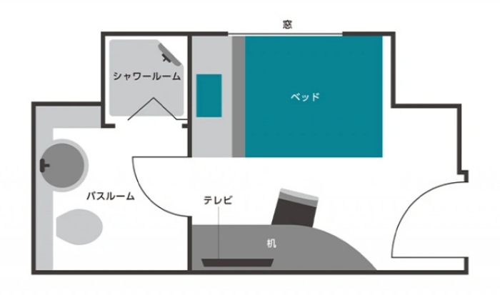 Screenshot of a floor plan of the Express Single room at Sotetsu Fresa Inn Tokyo-Kyobashi. The bed runs along the window wall at the top right, the shower room and the bath room take the left side, and the desk sits along the bottom beside the entrance door.