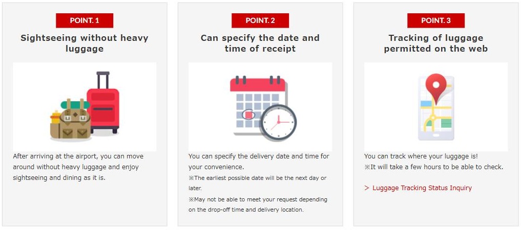 JAL ABC English page, "Merits of using Delivery Service": sightseeing without heavy luggage, choosing a receiving date and time, and tracking your luggage