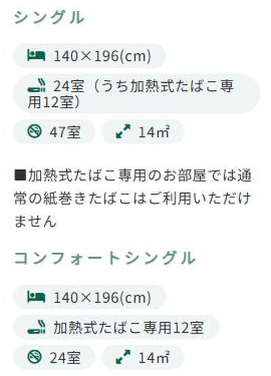 Screenshot of the Route Inn Uozu room page in Japanese. The Single type shows 24 smoking rooms including 12 heated-tobacco-only rooms and 47 non-smoking rooms. The Comfort Single shows 12 heated-tobacco-only rooms and 24 non-smoking rooms. A note says regular paper cigarettes cannot be used in heated-tobacco-only rooms.